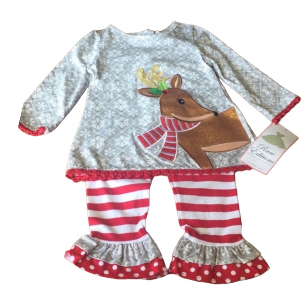 Rare Editions Snow Flakes Reindeer Red Strip Pants  Outfit - Picture 2 of 8